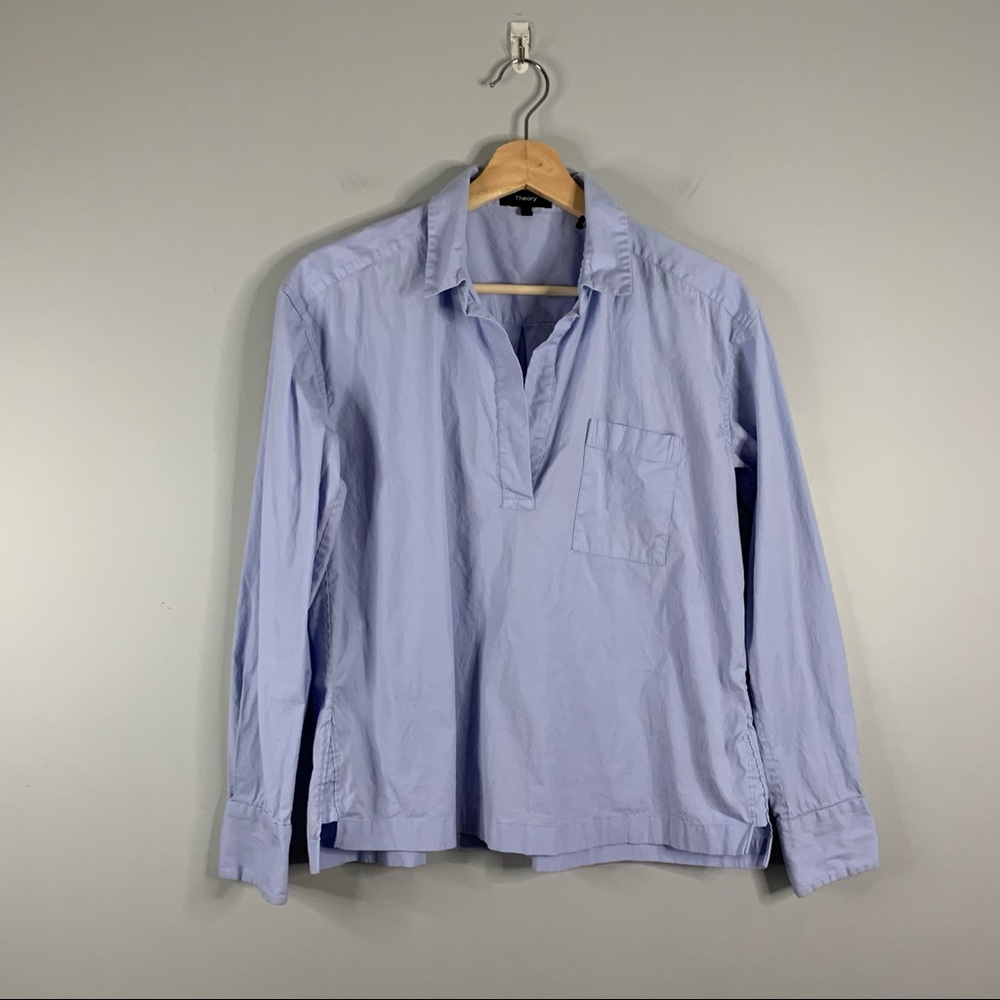 Theory Womens Solid Light Blue Wide Placket Popover Shirt Blouse Cotton Small S